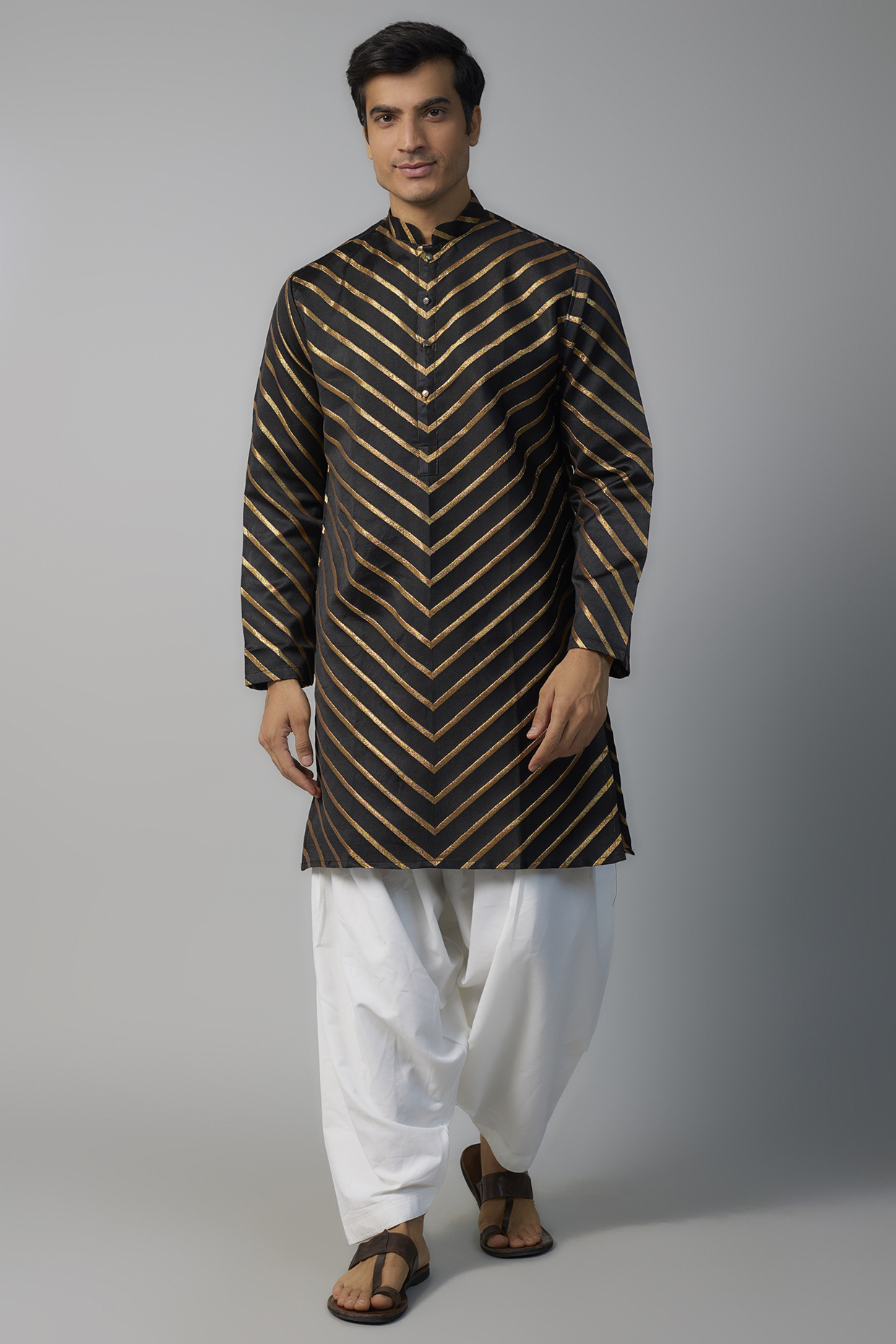 Black & Gold Polyester Viscose Herringbone Kurta Set by SVEN SUITS at Pernia's Pop Up Shop