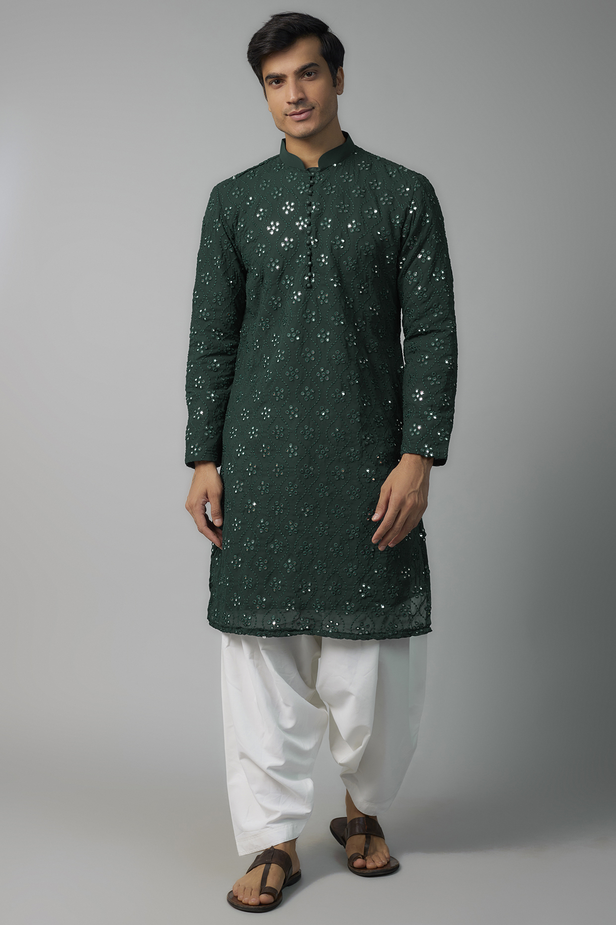 Bottle Green Georgette Mirror Embroidered Kurta Set by SVEN SUITS at Pernia's Pop Up Shop