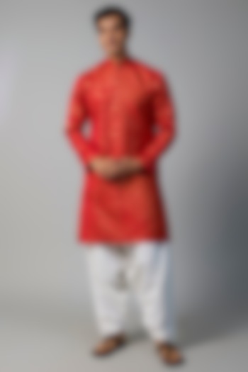 Red & Gold Polyester Viscose Herringbone Kurta Set by SVEN SUITS at Pernia's Pop Up Shop