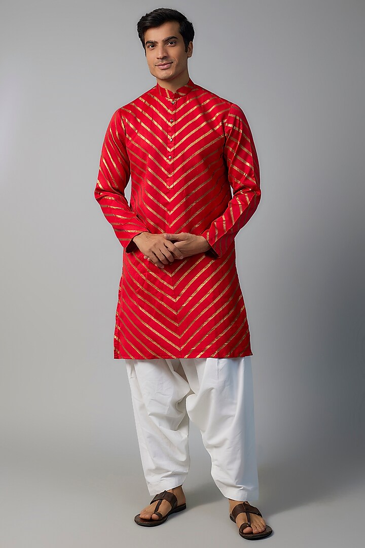 Red & Gold Polyester Viscose Herringbone Kurta Set by SVEN SUITS at Pernia's Pop Up Shop