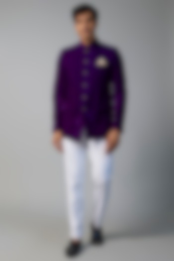 Purple Velvet Jodhpuri Jacket Set by SVEN SUITS