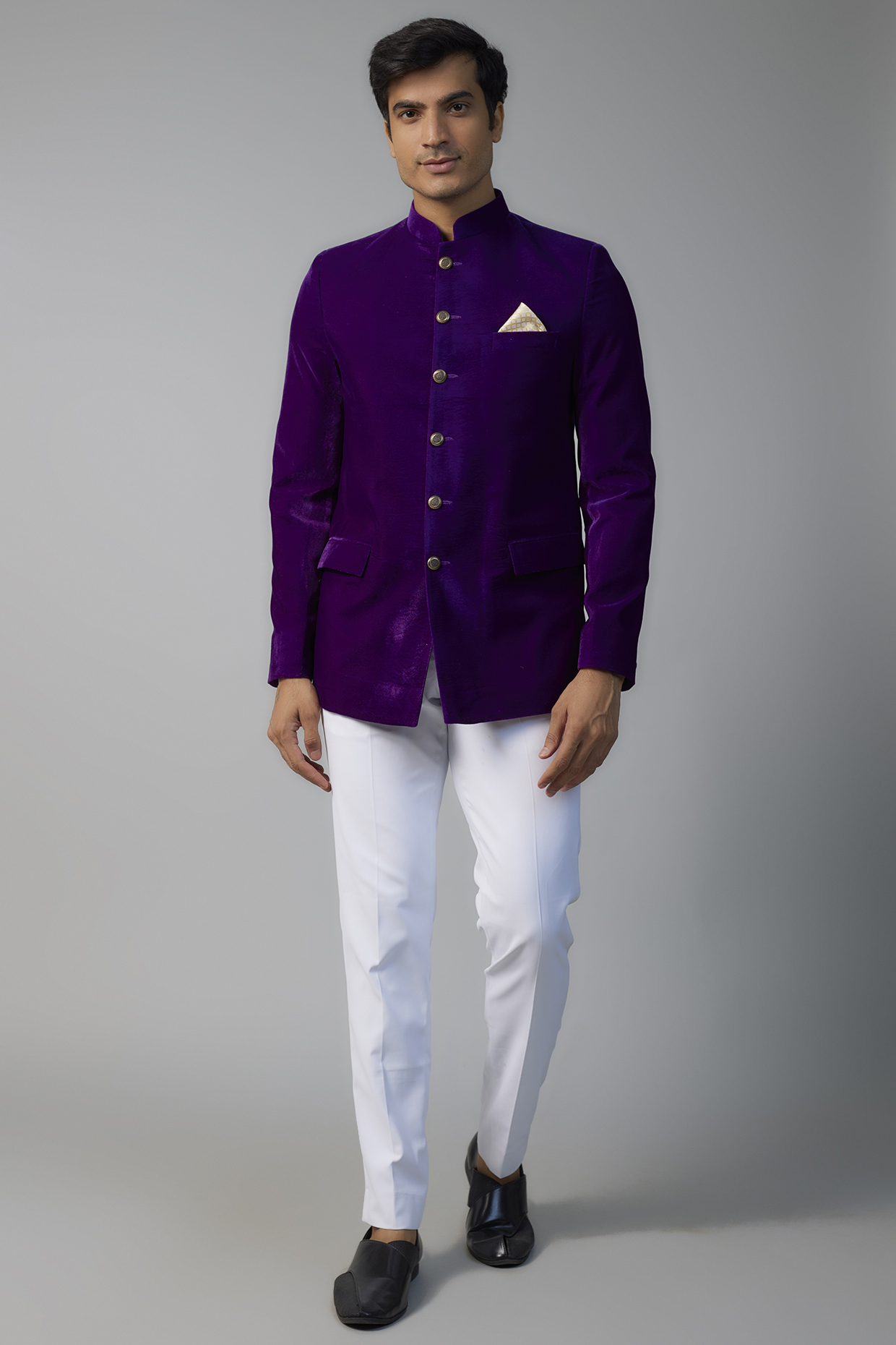Purple Velvet Jodhpuri Jacket Set by SVEN SUITS