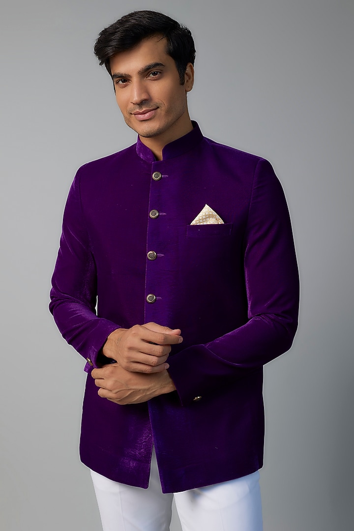 Purple Velvet Jodhpuri Jacket Set by SVEN SUITS at Pernia's Pop Up Shop