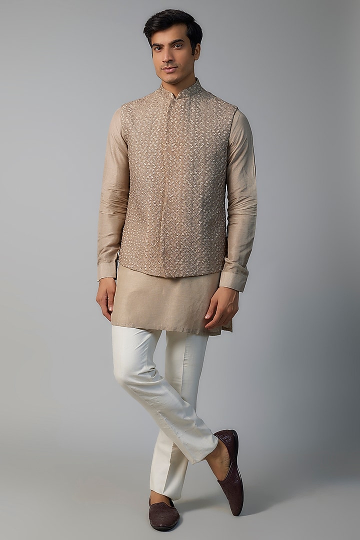 Rustic Bronze Faux Silk Cutdana Hand Embroidered Bundi Jacket Set by SVEN SUITS at Pernia's Pop Up Shop