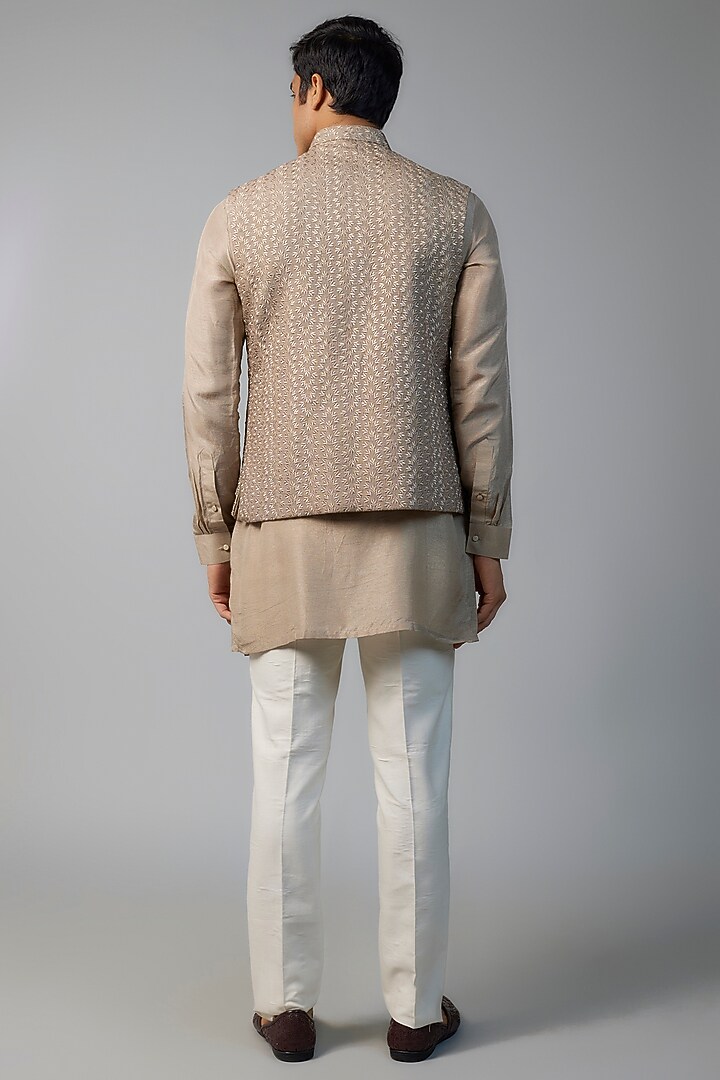 Rustic Bronze Faux Silk Cutdana Hand Embroidered Bundi Jacket Set by SVEN SUITS at Pernia's Pop Up Shop