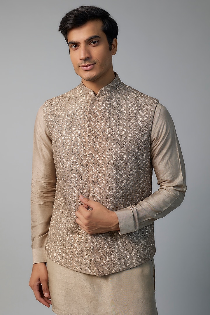 Rustic Bronze Faux Silk Cutdana Hand Embroidered Bundi Jacket Set by SVEN SUITS at Pernia's Pop Up Shop