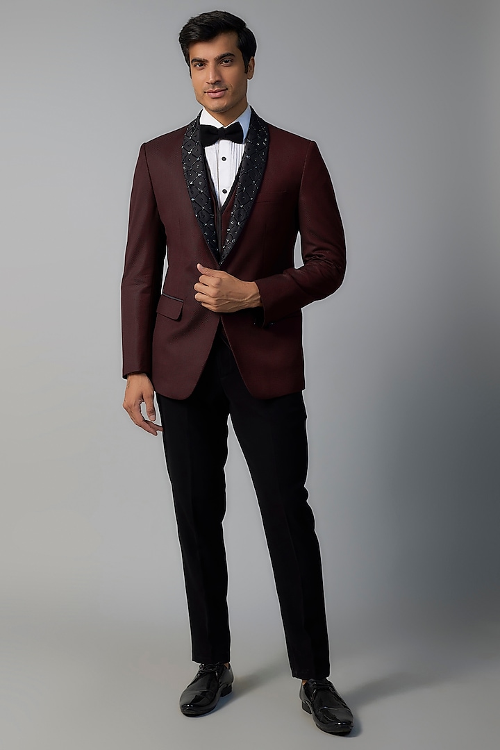 Wine Polyester Viscose Cutdana Embroidered Tuxedo Set by SVEN SUITS