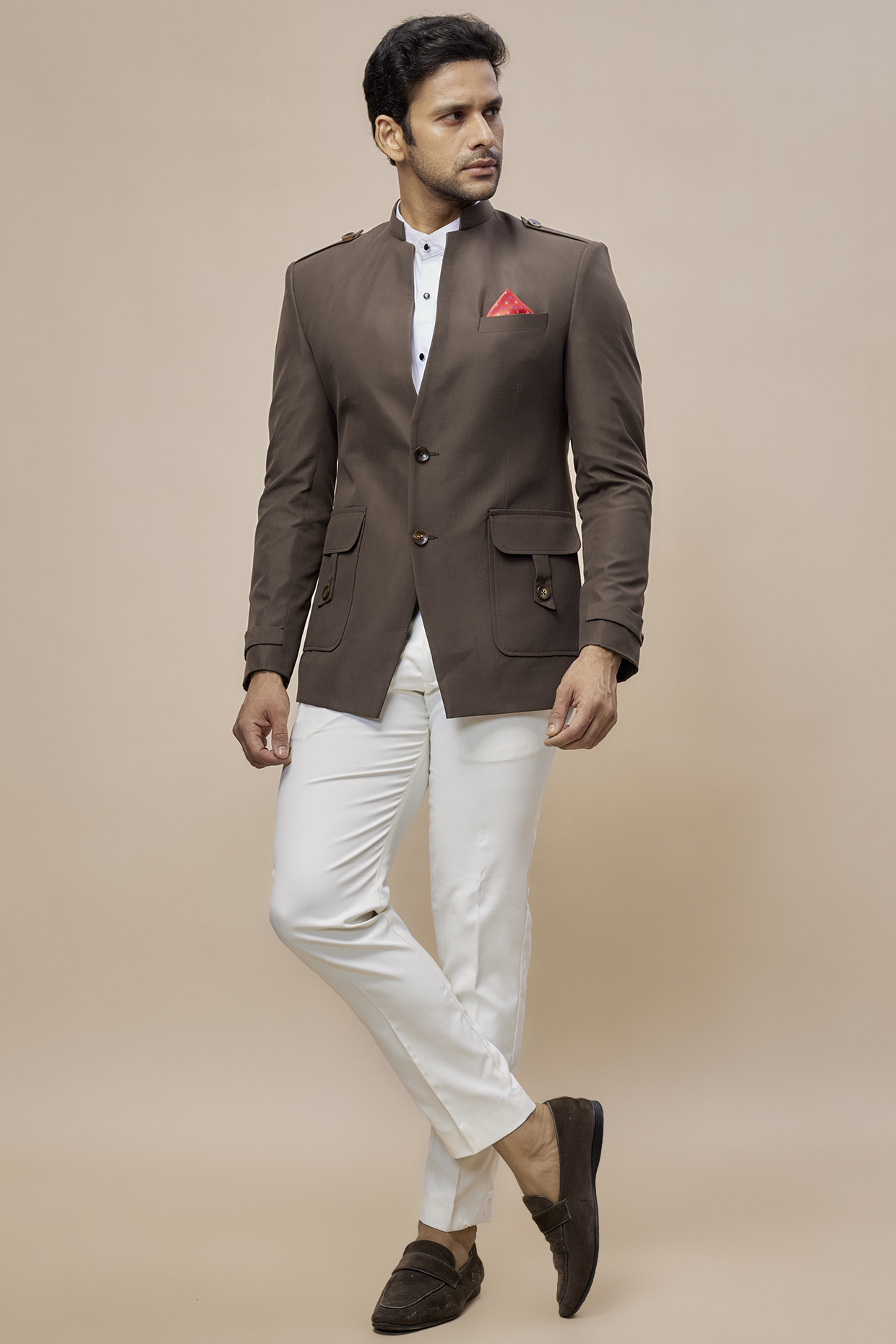 Brown Suede Jodhpuri Jacket Set by SVEN SUITS