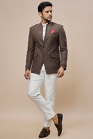 Brown Suede Jodhpuri Jacket Set by SVEN SUITS