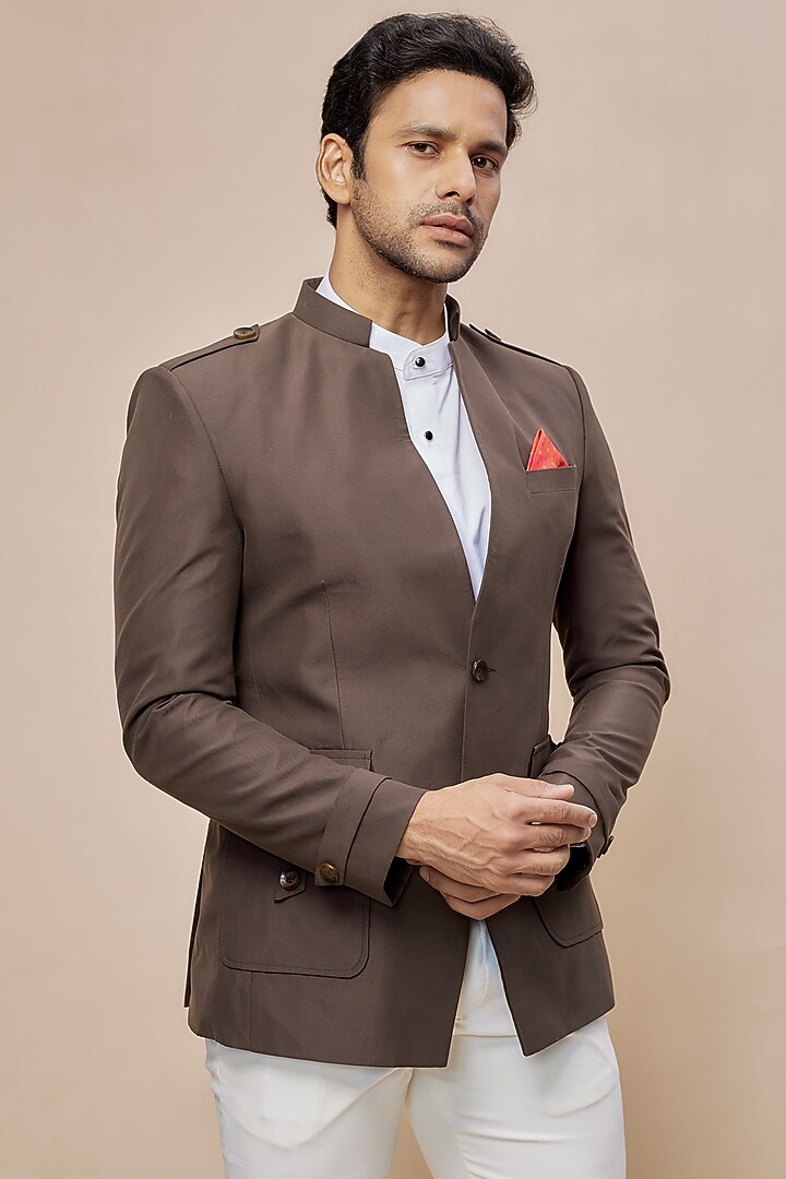 Brown Suede Jodhpuri Jacket Set by SVEN SUITS at Pernia's Pop Up Shop