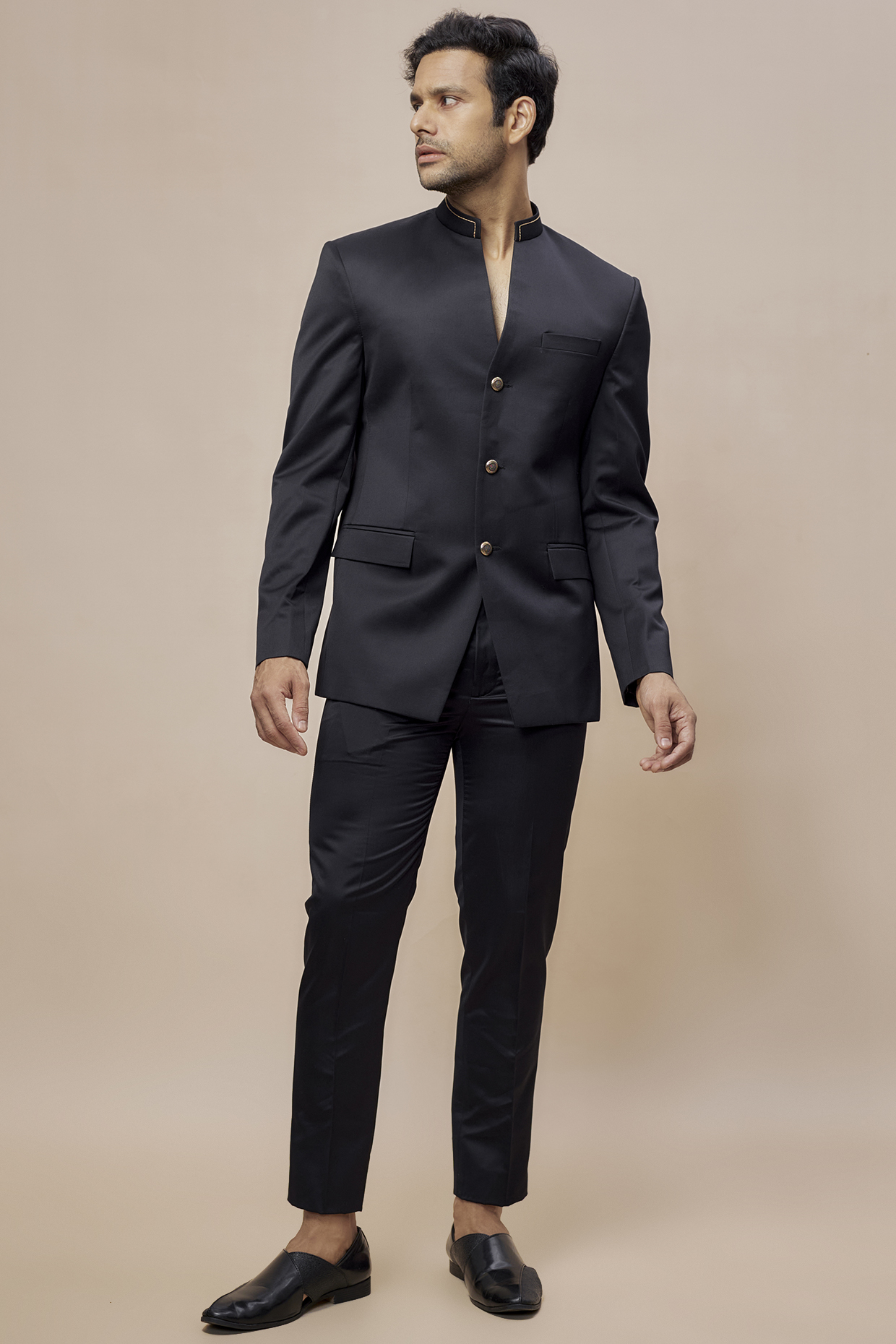 Black Satin Jodhpuri Jacket Set by SVEN SUITS at Pernia's Pop Up Shop