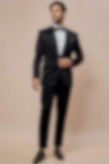 Black Satin Hand Embroidered Tuxedo Set by SVEN SUITS at Pernia's Pop Up Shop