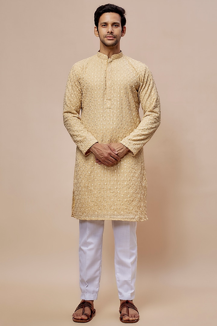 Gold Georgette Printed & Embroidered Kurta Set by SVEN SUITS at Pernia's Pop Up Shop