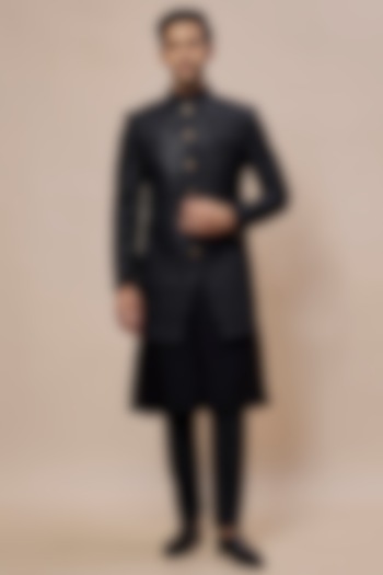 Black Polyester & Silk Embroidered Wedding Sherwani Set by SVEN SUITS at Pernia's Pop Up Shop