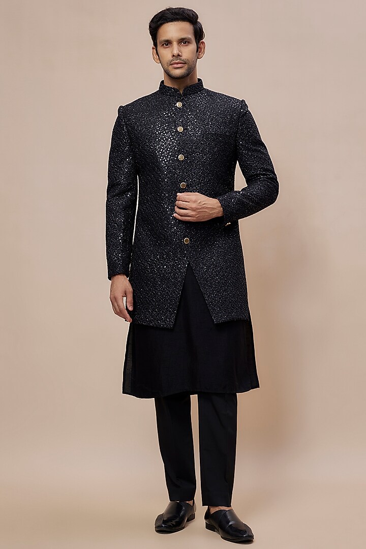 Black Polyester & Silk Embroidered Wedding Sherwani Set by SVEN SUITS at Pernia's Pop Up Shop