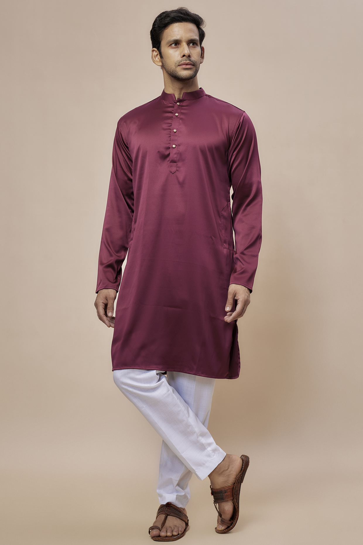 Wine Satin Kurta Set by SVEN SUITS at Pernia's Pop Up Shop