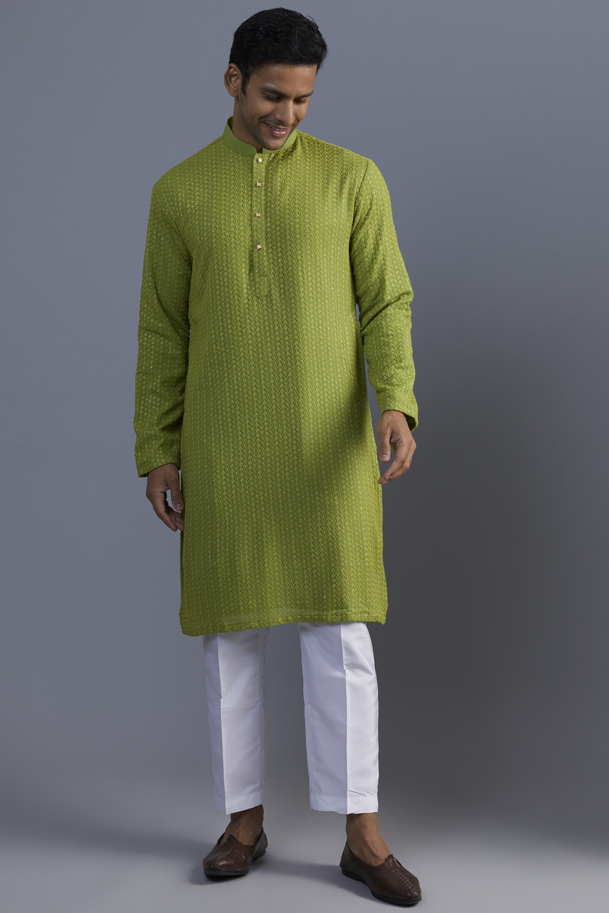 Pear Green Georgette Embroidered Kurta Set by SVEN SUITS at Pernia's Pop Up Shop