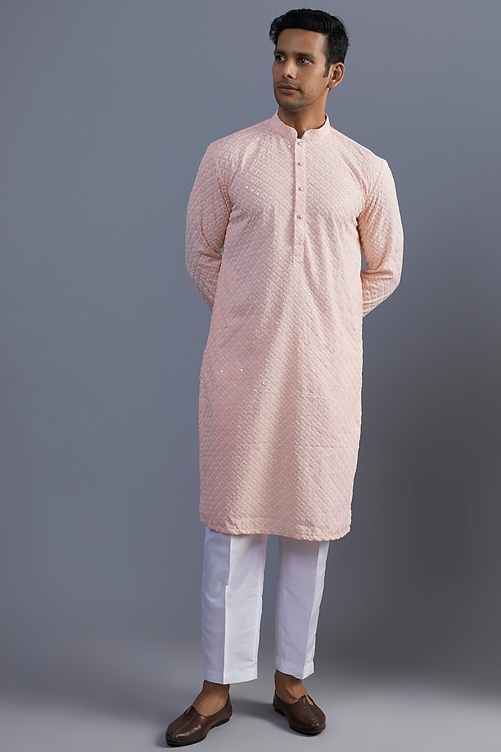 Pastel Pink Georgette Embroidered Kurta Set by SVEN SUITS