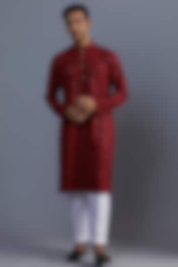 Red Cotton Embroidered Kurta Set by SVEN SUITS at Pernia's Pop Up Shop
