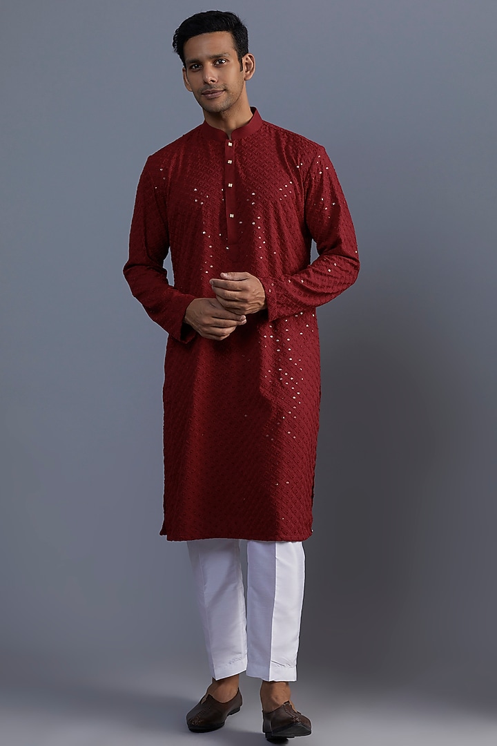 Red Cotton Embroidered Kurta Set by SVEN SUITS at Pernia's Pop Up Shop