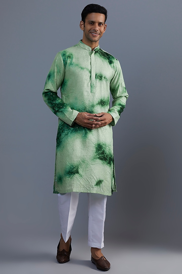 Sage Green Silk Tie-Dye Kurta Set by SVEN SUITS at Pernia's Pop Up Shop