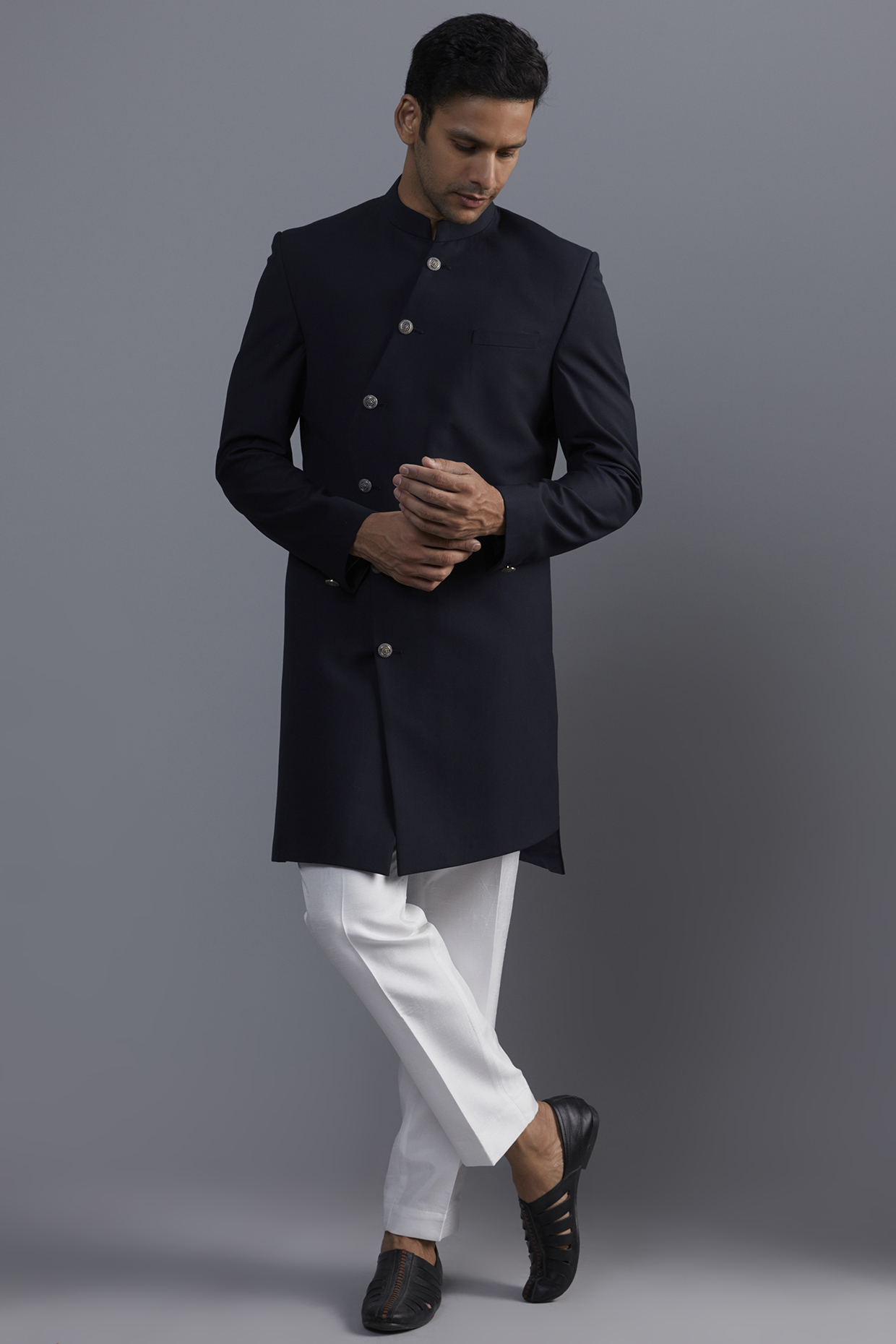 Navy Blue Terry Rayon Asymmetrical Indowestern Set by SVEN SUITS at Pernia's Pop Up Shop