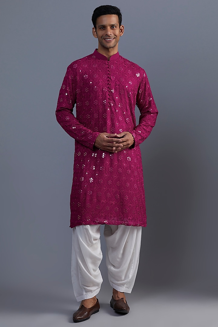 Fuchsia Pink Georgette Embroidered Kurta Set by SVEN SUITS at Pernia's Pop Up Shop