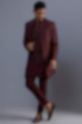 Wine Red Silk Hand Embroidered Indo-Western Set by SVEN SUITS at Pernia's Pop Up Shop