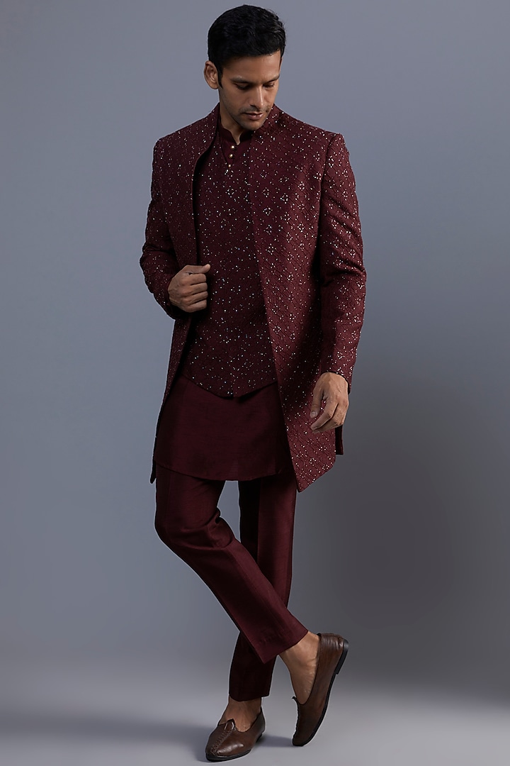 Wine Red Silk Hand Embroidered Indo-Western Set by SVEN SUITS at Pernia's Pop Up Shop