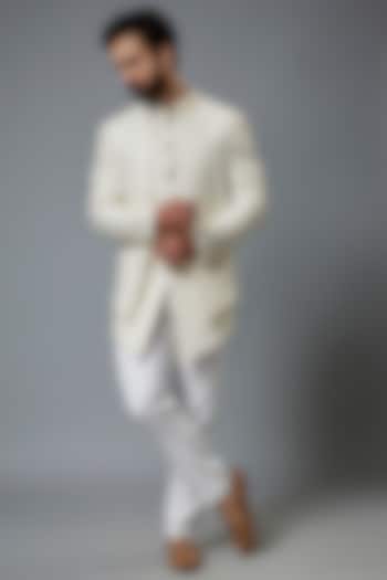 White Silk Embroidered Wedding Bandhgala Set by SVEN SUITS at Pernia's Pop Up Shop