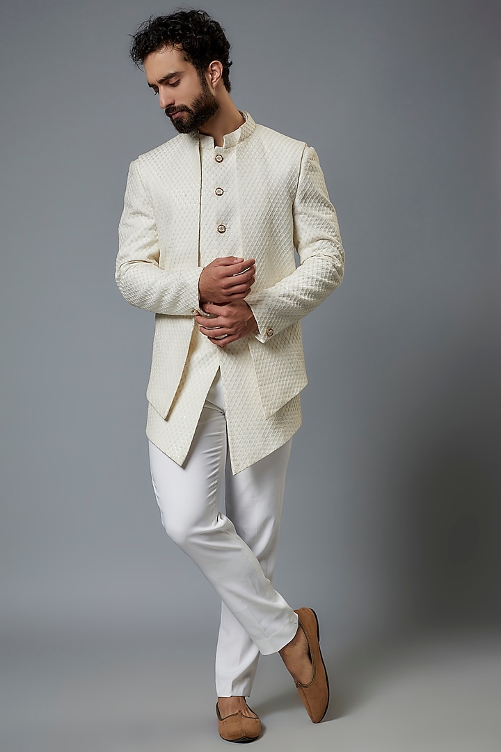 White Silk Embroidered Bandhgala Set by SVEN SUITS
