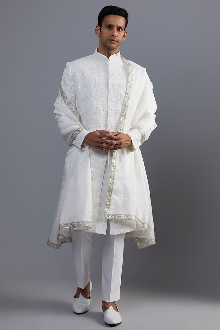 White Jacquard Hand Embroidered Sherwani Set by SVEN SUITS