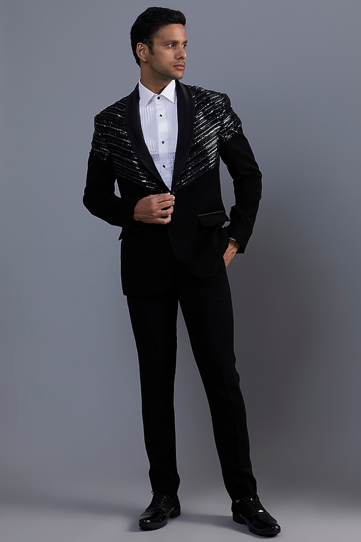 Black Polyester Hand Embroidered Tuxedo Set by SVEN SUITS