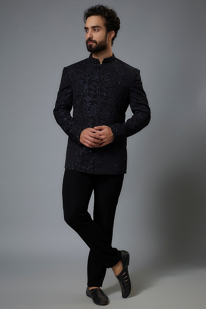 Black Polyester Viscose Embroidered Wedding Bandhgala Set by SVEN SUITS at Pernia's Pop Up Shop