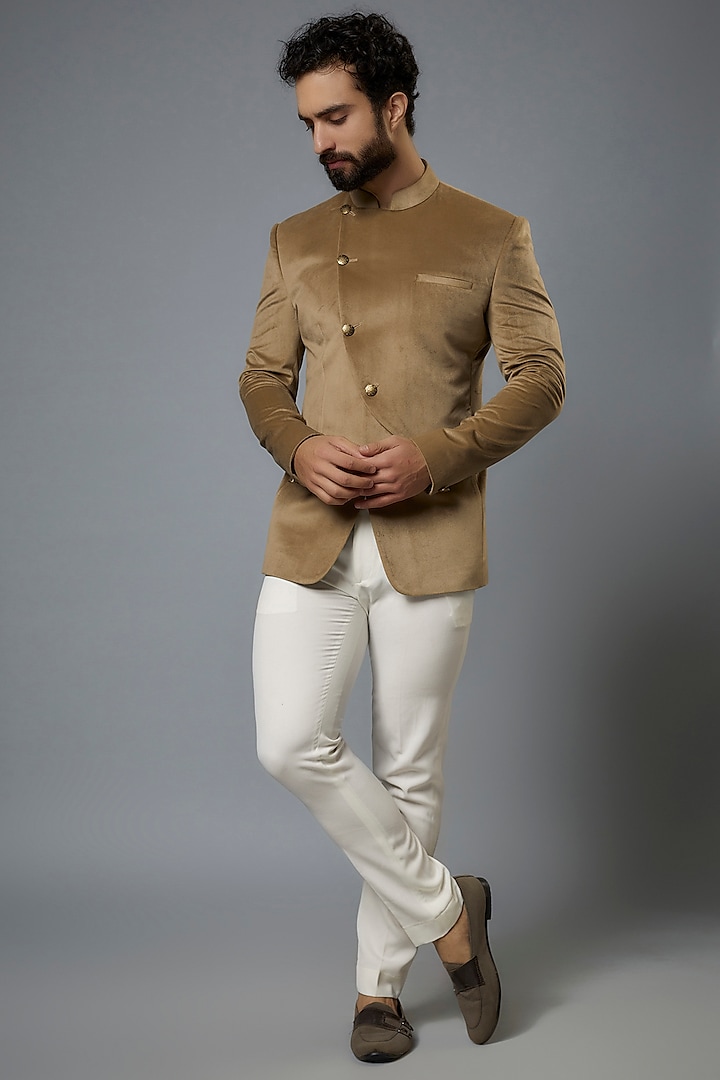 Beige Velvet Bandhgala Set by SVEN SUITS at Pernia's Pop Up Shop