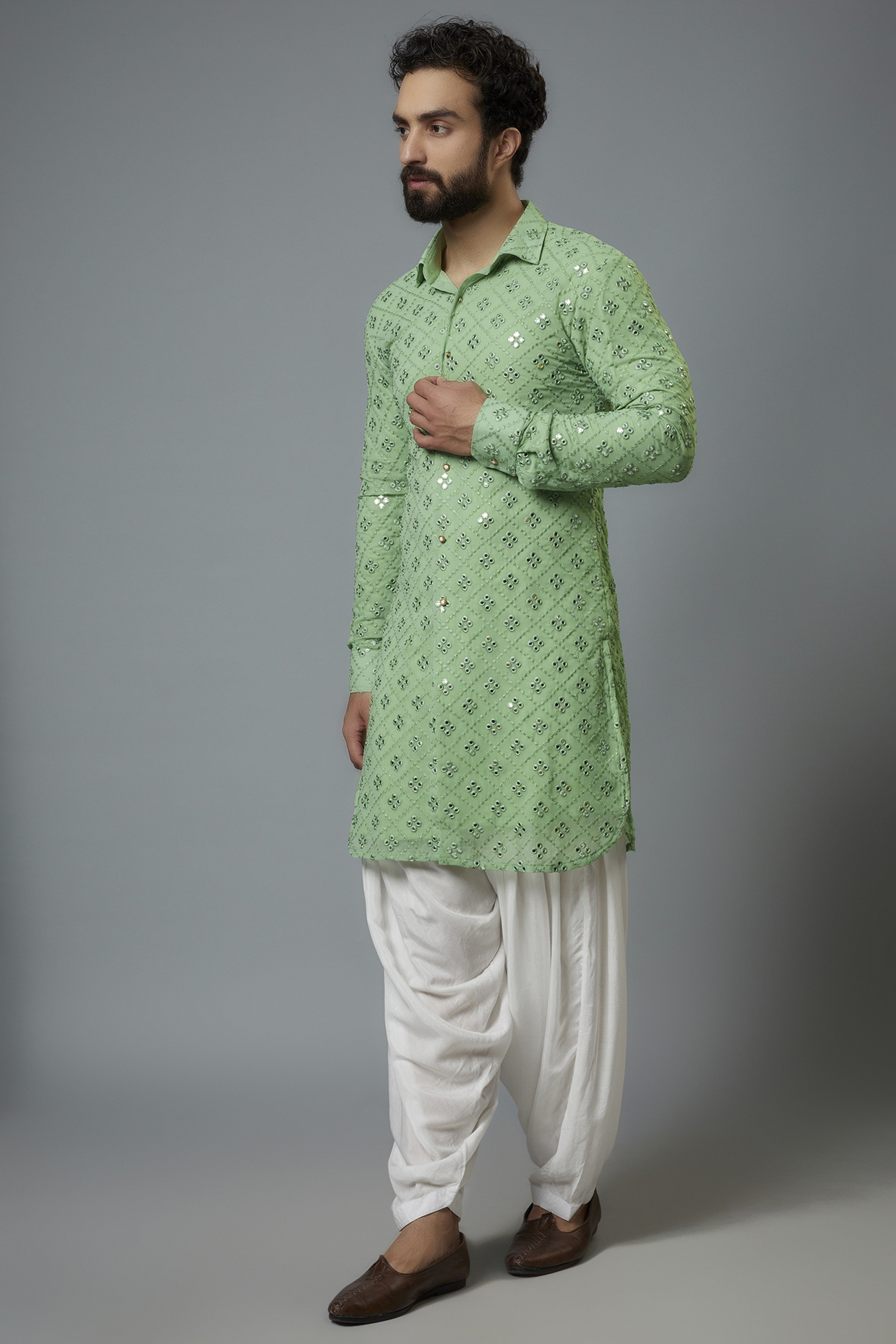 Sage Green Georgette Embroidered Kurta Set by SVEN SUITS at Pernia's Pop Up Shop