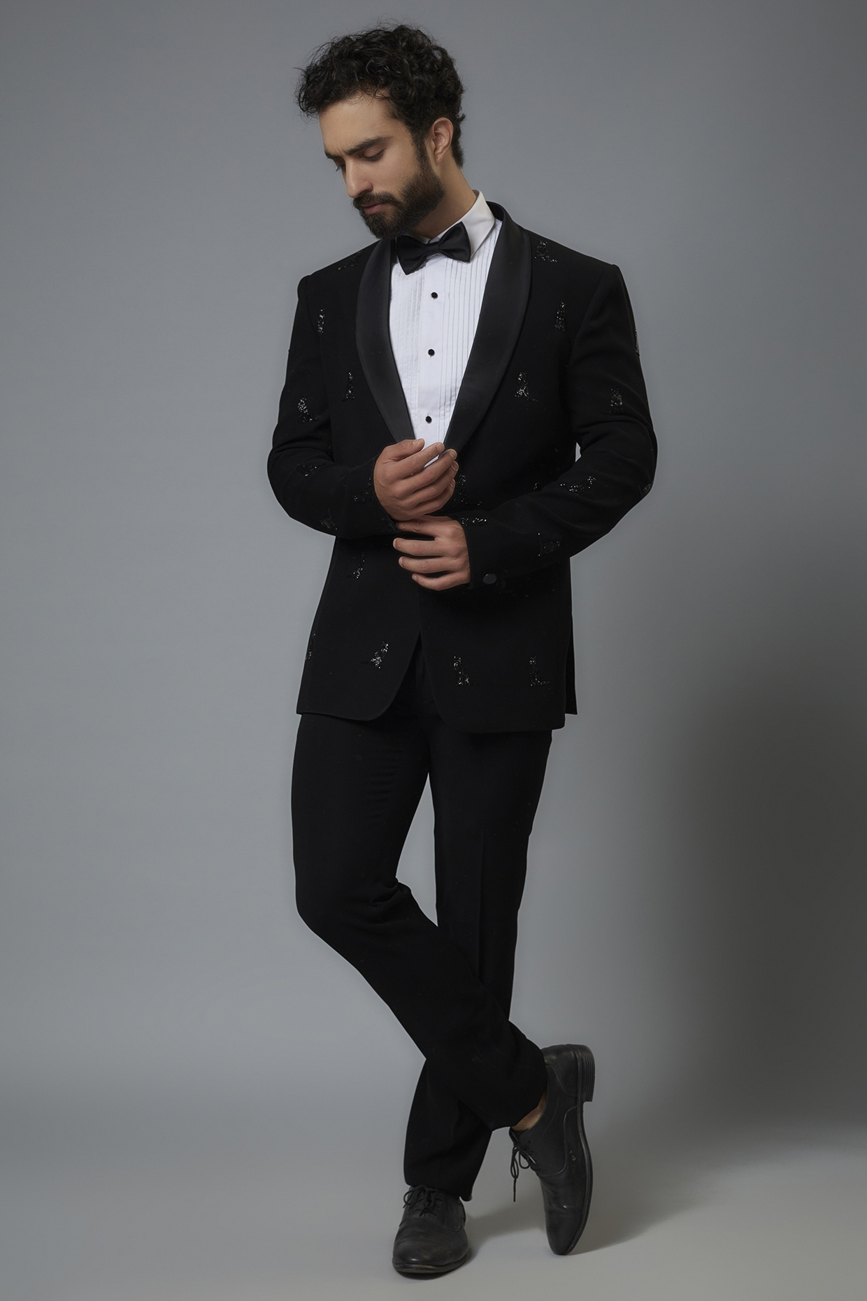 Black Polyester Viscose Stretch Hand Embroidered Tuxedo Set by SVEN SUITS at Pernia's Pop Up Shop