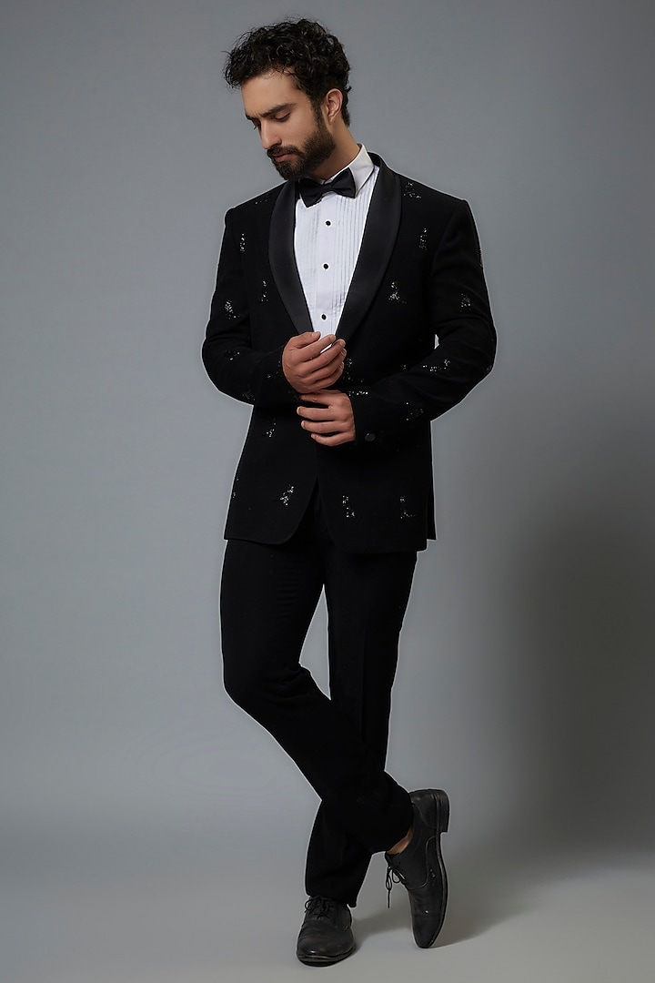 Black Polyester Viscose Stretch Hand Embroidered Tuxedo Set by SVEN SUITS at Pernia's Pop Up Shop