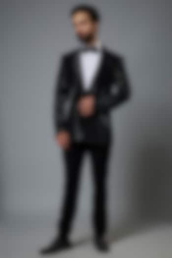 Black Polyester Viscose Stretch Hand Embroidered Tuxedo Set by SVEN SUITS at Pernia's Pop Up Shop