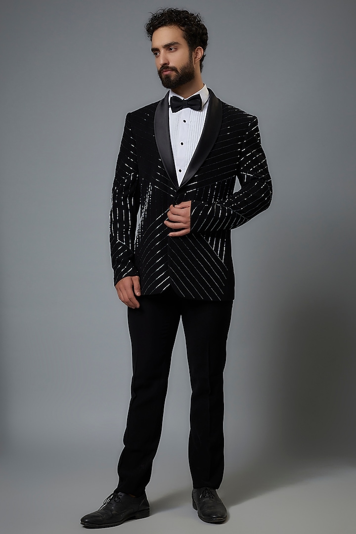 Black Polyester Viscose Stretch Hand Embroidered Tuxedo Set by SVEN SUITS at Pernia's Pop Up Shop