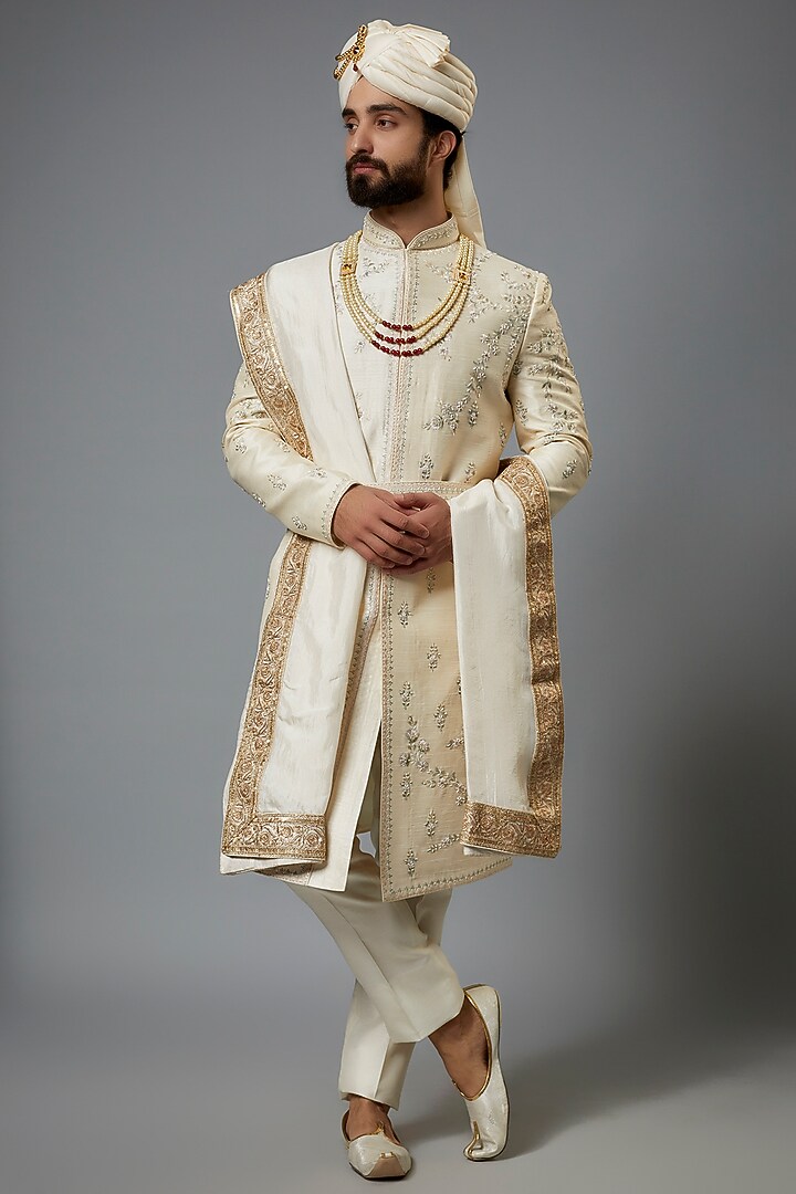 Gold Silk Hand Embroidered Groom Sherwani Set by SVEN SUITS at Pernia's Pop Up Shop