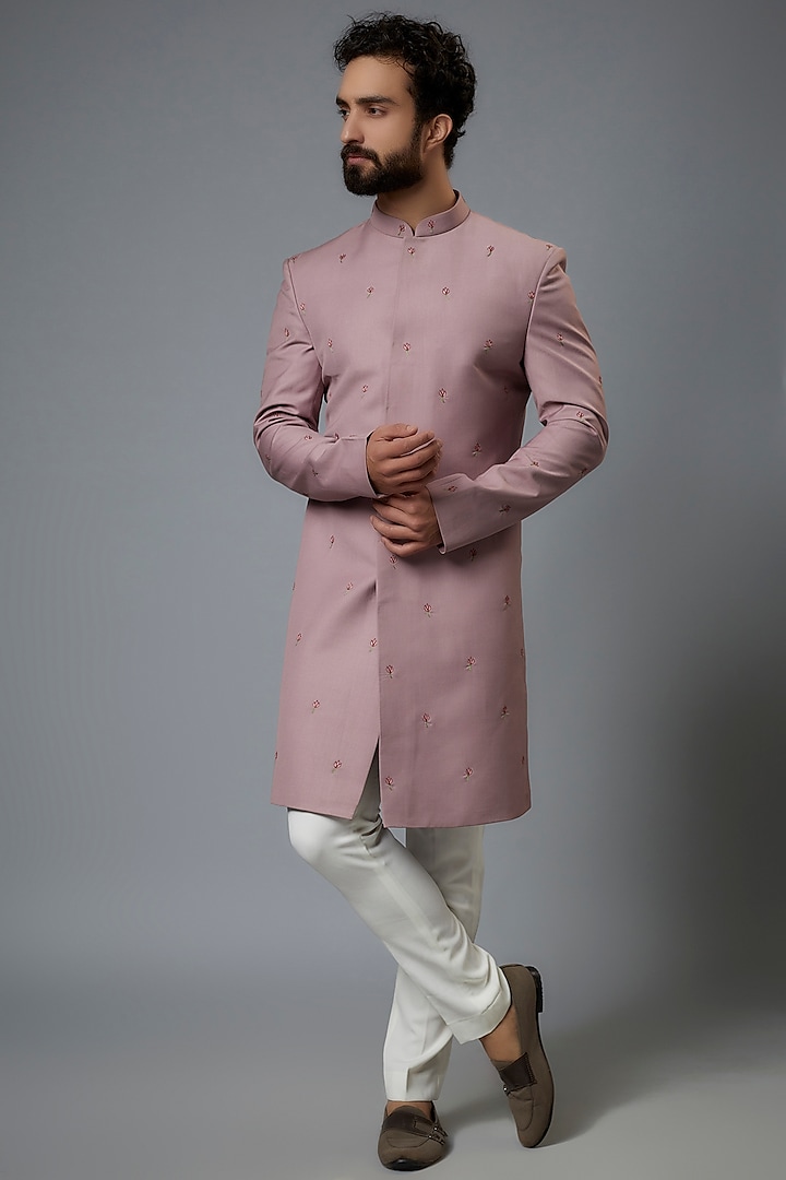 Mauve Terry Rayon Hand Embroidered Sherwani Set by SVEN SUITS