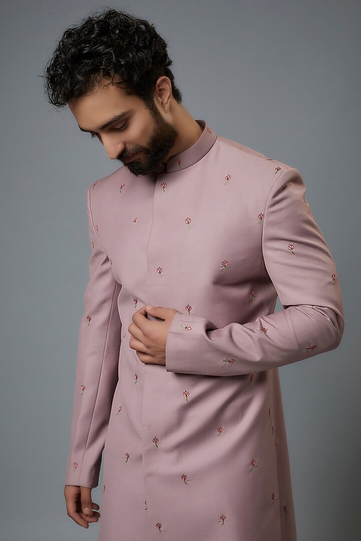Mauve Terry Rayon Hand Embroidered Wedding Sherwani Set by SVEN SUITS at Pernia's Pop Up Shop