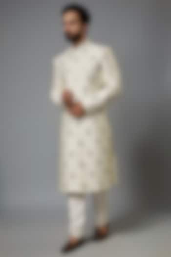 White Silk Hand Embroidered Sherwani Set by SVEN SUITS
