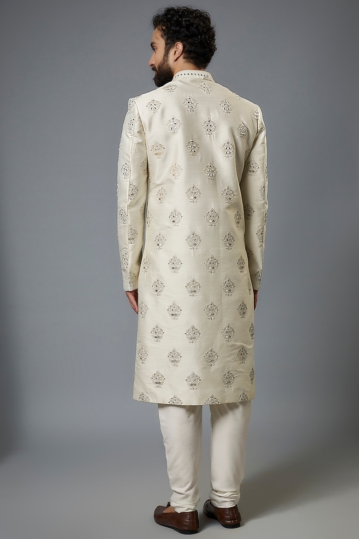 White Silk Hand Embroidered Wedding Sherwani Set by SVEN SUITS at Pernia's Pop Up Shop