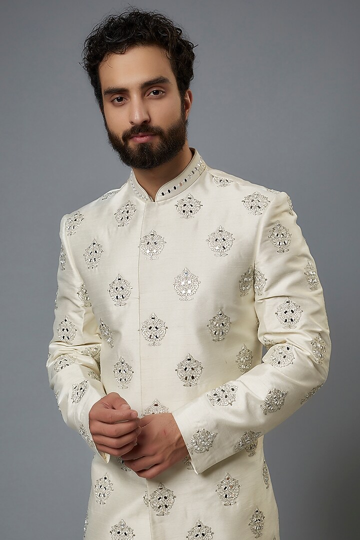 White Silk Hand Embroidered Wedding Sherwani Set by SVEN SUITS at Pernia's Pop Up Shop