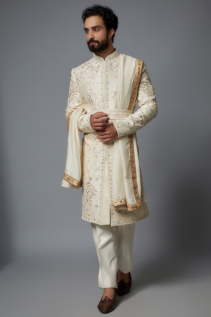 Gold Beige Silk Hand Embroidered Wedding Sherwani Set by SVEN SUITS at Pernia's Pop Up Shop