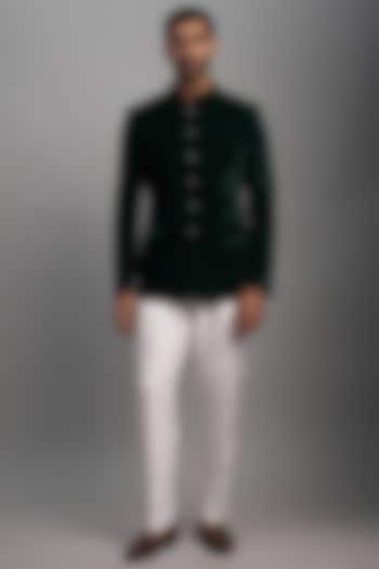 Emerald Green Velvet Bandhgala Set by SVEN SUITS at Pernia's Pop Up Shop