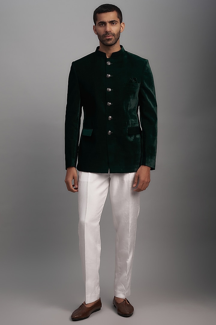 Emerald Green Velvet Bandhgala Set by SVEN SUITS at Pernia's Pop Up Shop