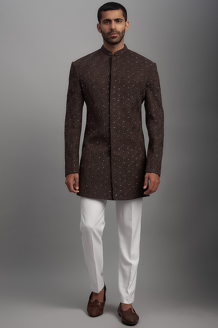 Brown Georgette Embroidered Sherwani Set by SVEN SUITS